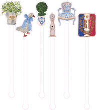 Load image into Gallery viewer, Acrylic drink stir swizzle sticks lilly of valley in champagen bucket, french goose topiary, vintage clock, vintage armchair french shield