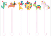 Load image into Gallery viewer, Birthday Party Swizzle Sticks- Cake, Presents, Party Hat, Balloons, Rainbow with Stars