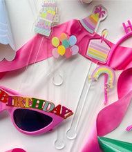 Load image into Gallery viewer, Acrylic swizzle stick drink stir birthday set, party hat, balloons, presents, rainbow with stars