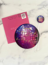 Load image into Gallery viewer, Disco Ball inviation with hot pink envelope and matching swizzle stick