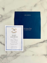 Load image into Gallery viewer, watercolor rocking horse baby shower invitation with navy envelope