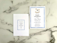 Load image into Gallery viewer, watercolor rocking horse baby shower invitation with back side showing hosts of party