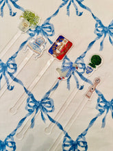 Load image into Gallery viewer, Acrylic drink stir swizzle sticks lilly of valley in champagen bucket, french goose topiary, vintage clock, vintage armchair french shield