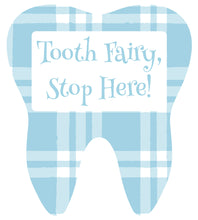 Load image into Gallery viewer, Light Blue Plaid tooth fairy stop here sign for door
