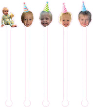 Load image into Gallery viewer, acrylic drink stir with face and party hat on