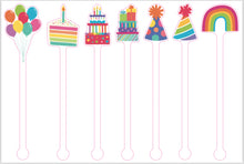 Load image into Gallery viewer, Birthday Party Swizzle Sticks- Cake, Presents, Party Hat, Balloons, Rainbow with Stars