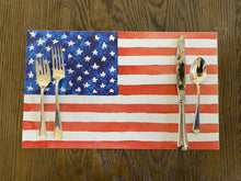Load image into Gallery viewer, American Flag Placemat, summer placemat, housewarming gift, wedding gift, patio decor, summer decor, usa, patriotic decor, table setting