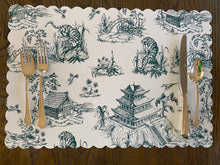 Load image into Gallery viewer, Toile Placemat Chinoiserie Asia Tropical Tiger Pagoda Watercolor Scallop Edge Charger Table Setting Timeless
