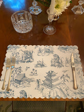 Load image into Gallery viewer, Toile Placemat Chinoiserie Asia Tropical Tiger Pagoda Watercolor Scallop Edge Charger Table Setting Timeless
