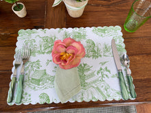 Load image into Gallery viewer, Toile Placemat Chinoiserie Asia Tropical Tiger Pagoda Watercolor Scallop Edge Charger Table Setting Timeless