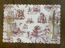 Load image into Gallery viewer, Toile Placemat Chinoiserie Asia Tropical Tiger Pagoda Watercolor Scallop Edge Charger Table Setting Timeless
