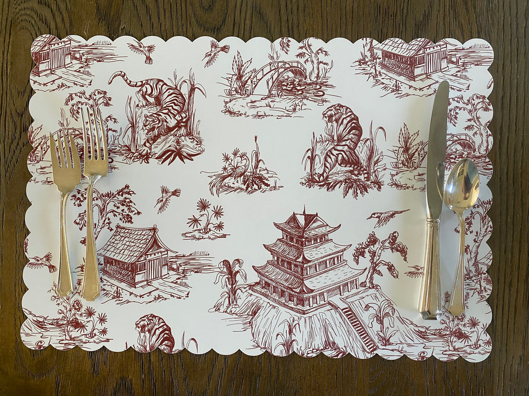 Toile Placemat Chinoiserie Asia Tropical Tiger Pagoda Watercolor Scallop Edge Charger Table Setting Timeless