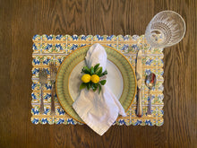 Load image into Gallery viewer, Italian Tile Placemat Charger Blue and Yellow Geometric Scallop Edge European Wipeable Indoor Outdoor Al Fresco almalfi