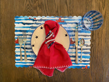 Load image into Gallery viewer, Starfish and Stripes Scallop Placemat Nautical Red White and Blue Beach Nautical Charger Placesetting Summer Table America Independence Day