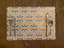 Load image into Gallery viewer, Italian Tile Placemat Charger Blue and Yellow Geometric Scallop Edge European Wipeable Indoor Outdoor Al Fresco almalfi