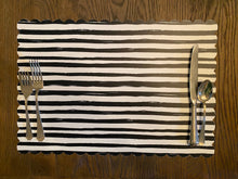 Load image into Gallery viewer, Black and White Watercolor Stripe Placemat Scallop Edge Simple timeless Halloween Summer Poolside Indoor Outdoor Gift for her