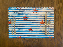 Load image into Gallery viewer, Starfish and Stripes Scallop Placemat Nautical Red White and Blue Beach Nautical Charger Placesetting Summer Table America Independence Day

