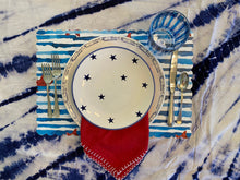 Load image into Gallery viewer, Starfish and Stripes Scallop Placemat Nautical Red White and Blue Beach Nautical Charger Placesetting Summer Table America Independence Day