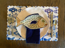 Load image into Gallery viewer, Nautical Fish in the Sea Scallop Edge Placemat Watercolor Round Rectangular Wipeable Red White Blue Summer Beach USA America Tropical