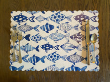 Load image into Gallery viewer, Nautical Fish in the Sea Scallop Edge Placemat Watercolor Round Rectangular Wipeable Red White Blue Summer Beach USA America Tropical