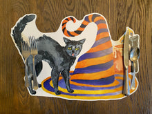 Load image into Gallery viewer, Black Cat and Witch Hat Placemat, Halloween Placemat, Halloween, Candy Corn, Fall Decoration, Hostess Gift, Halloween Decor, Trick or Treat