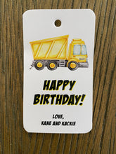 Load image into Gallery viewer, Construction Truck Gift Tag, Gift Card, Gift Wrap, Child Gift, Party Favor, Personalized, Personalized Tag, Kid Tag, Enclosure card, Tag