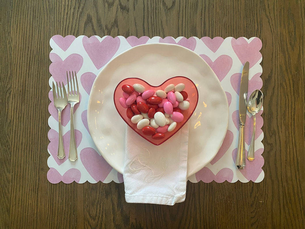 Pink Heart Placemats Scallop Edge Watercolor Indoor Outdoor Wipeable Table Setting Valentine Galentine Love Wedding Engagement Anniversary