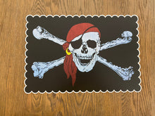 Load image into Gallery viewer, Skull and Cross bone Placemat, Pirate Placemat, Pirate Party, Child Placemat, Child Name, Child Gift, Birthday Gift, Kid Gift, Pirate, Boy

