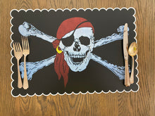 Load image into Gallery viewer, Skull and Cross bone Placemat, Pirate Placemat, Pirate Party, Child Placemat, Child Name, Child Gift, Birthday Gift, Kid Gift, Pirate, Boy
