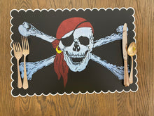 Load image into Gallery viewer, Skull and Cross bone Placemat, Pirate Placemat, Pirate Party, Child Placemat, Child Name, Child Gift, Birthday Gift, Kid Gift, Pirate, Boy