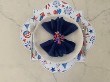Load image into Gallery viewer, Fireworks Placemat/ Charger- Quatrefoil Wipeable USA American America Watercolor Fourth of July Independence Day Summer Red White Blue