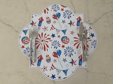 Load image into Gallery viewer, Fireworks Placemat/ Charger- Quatrefoil Wipeable USA American America Watercolor Fourth of July Independence Day Summer Red White Blue