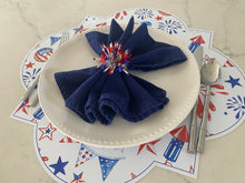 Load image into Gallery viewer, Fireworks Placemat/ Charger- Quatrefoil Wipeable USA American America Watercolor Fourth of July Independence Day Summer Red White Blue