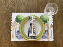 Load image into Gallery viewer, Boxwood Ginger Jar Placemat, Ginger Jar, Scallop Edge, Watercolor, Table Scape, Boxwood, Holiday Placemat, Chinoiserie Placemat, Chinoiserie