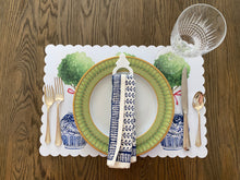 Load image into Gallery viewer, Boxwood Ginger Jar Placemat, Ginger Jar, Scallop Edge, Watercolor, Table Scape, Boxwood, Holiday Placemat, Chinoiserie Placemat, Chinoiserie