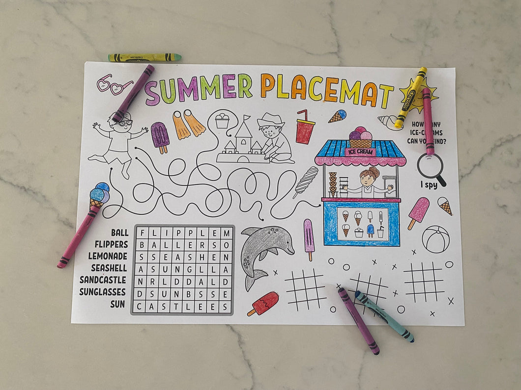 Summer Coloring Placemat, Coloring Pad, Child Placemat, Personalized Placemat, Child Gift, Birthday Gift, Kid Gift, Child Learning, Activity
