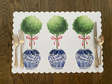 Load image into Gallery viewer, Boxwood Ginger Jar Placemat, Ginger Jar, Scallop Edge, Watercolor, Table Scape, Boxwood, Holiday Placemat, Chinoiserie Placemat, Chinoiserie