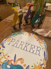 Load image into Gallery viewer, Mardi Gras Placemat- Mask and Bead Wreath Louisiana New Orleans Purple Green Gold Carnival Table Setting Throw me something mister Krewe
