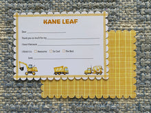 Load image into Gallery viewer, Fill in the Blank Child Stationery with Scallop Edge child gift birthday construction truck unicorn rainbow girl gift boy gift Personalize