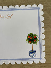 Load image into Gallery viewer, Chinoiserie Orange Tree Stationery Set Personalized Scallop Edge Envelope Liner Trellis Bamboo Watercolor Art Toile Custom Name