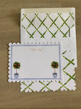 Load image into Gallery viewer, Chinoiserie Orange Tree Stationery Set Personalized Scallop Edge Envelope Liner Trellis Bamboo Watercolor Art Toile Custom Name