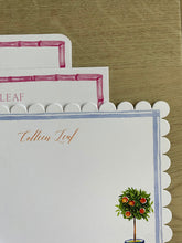 Load image into Gallery viewer, Chinoiserie Orange Tree Stationery Set Personalized Scallop Edge Envelope Liner Trellis Bamboo Watercolor Art Toile Custom Name