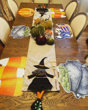 Load image into Gallery viewer, Black Cat and Witch Hat Placemat, Halloween Placemat, Halloween, Candy Corn, Fall Decoration, Hostess Gift, Halloween Decor, Trick or Treat
