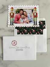 Load image into Gallery viewer, Watercolor Nutcracker Holiday Card Photo Card Family Christmas card Scallop Edge Printed Card with Return Address printed lined envelope
