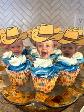 Load image into Gallery viewer, Cake Topper Photo Cake Topper Cupcake topper Birthday Photo Custom Face topper first birthday First Rodeo Party Cowboy Decoration Howdy