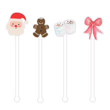 Load image into Gallery viewer, watercolor red bow, santa, gingerbread man and marshmellows acrylic drink stir