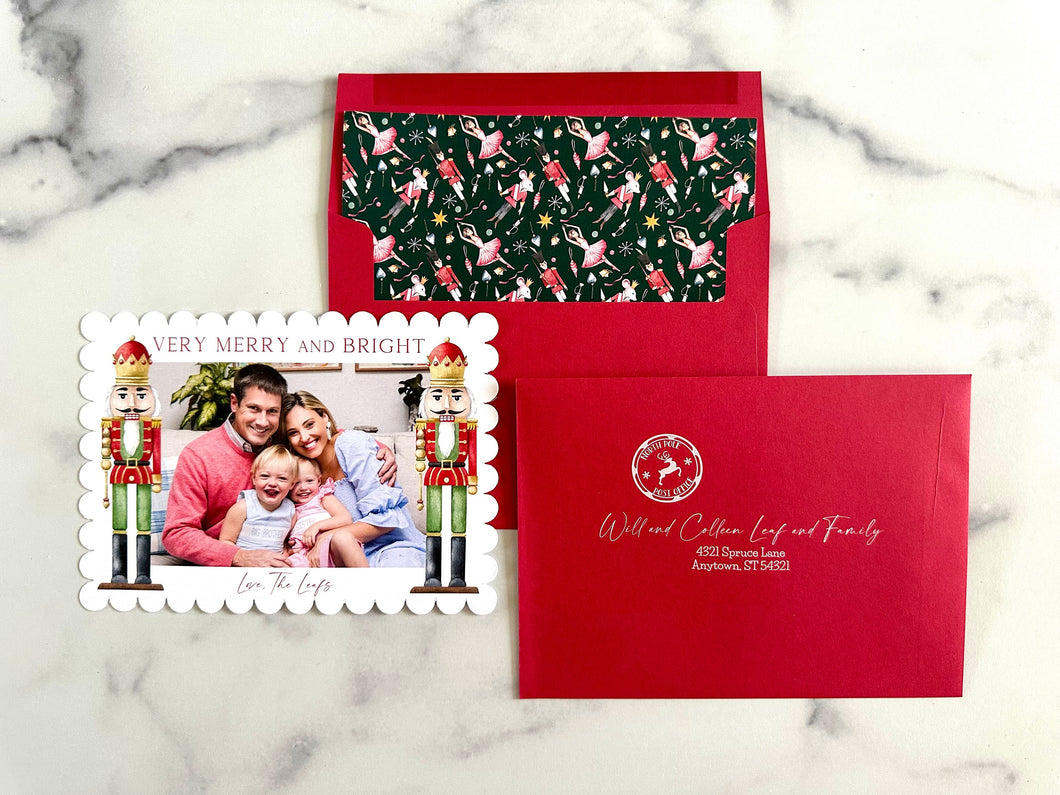 Watercolor Nutcracker Holiday Card Photo Card Family Christmas card Scallop Edge Printed Card with Return Address printed lined envelope