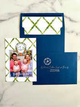 Load image into Gallery viewer, Watercolor Christmas Photo Card Citrus Orange Crest with Monogram Chinoiserie Personalized Printed Holiday Trellis Customized with Envelopes