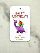 Load image into Gallery viewer, Dinosaur Gift Tag Enclosure Card Teacher Appreciation Birthday Party Gift Wrap Red Purple Kid Tag Name Card