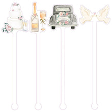 Load image into Gallery viewer, watercolor wedding cake, champagne, just married car and love birds acrylic drink stir
